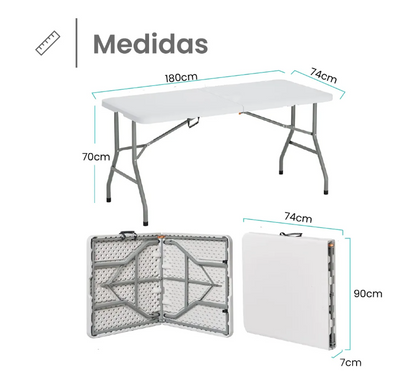Medidas: 180 × 74 × 70 cm abierta y 74 × 90 × 7 cm plegada