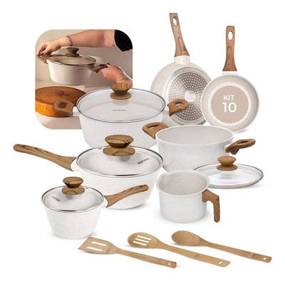 Batería de cocina antiadherente de cerámica de 10 piezas color crema